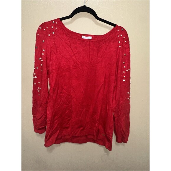 Calvin Klein Red Embellished Pearl Detail Long Sleeve Top Size L - Picture 1 of 8